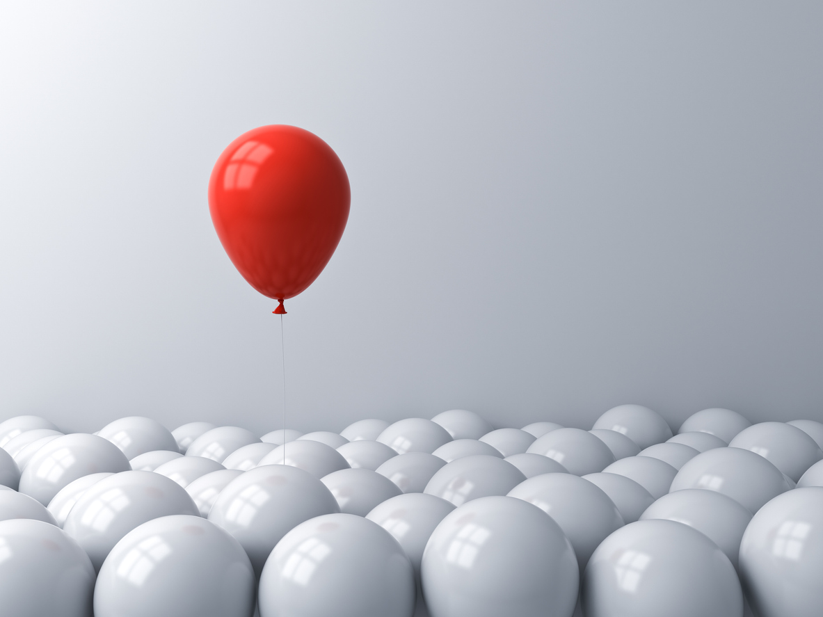 One red balloon pop out from the white balloons Stand out from the crowd different concept or think outside the box creative idea concept One red balloon pop out from the white balloons Stand out from the crowd different concept or think outside the box creative idea concept 3D rendering